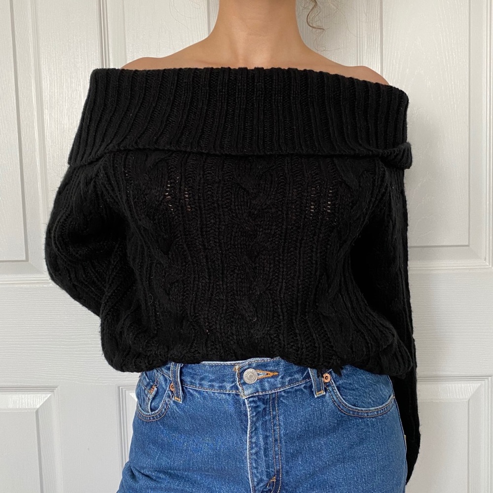 black cable knit off the shoulder sweater
